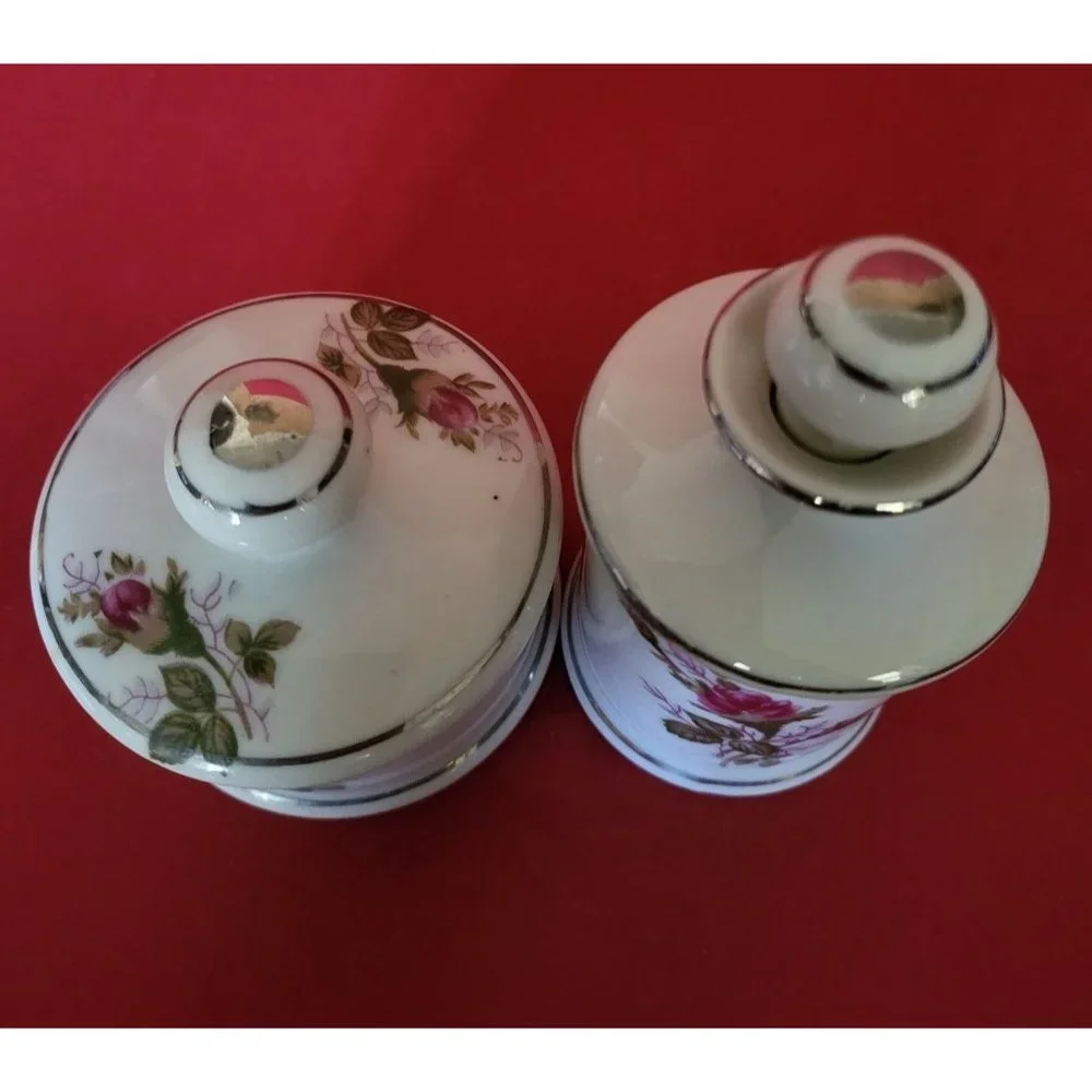 Chase Japan Vintage Ceramic Vanity Jars with Silver Detail Storage Keepsake Box
